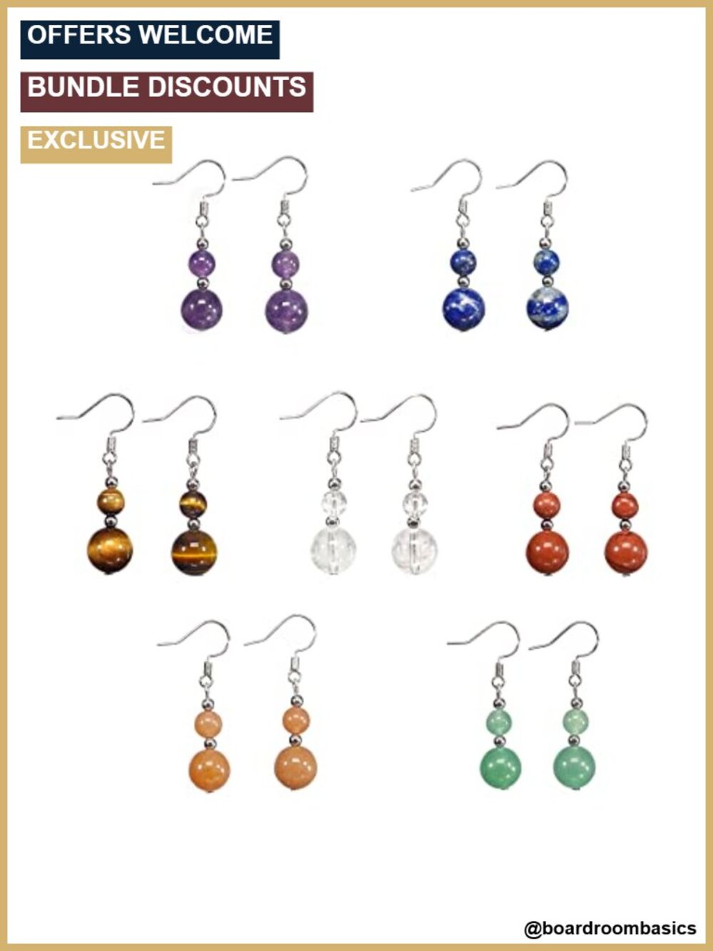 Genuine Stone Beaded Dangle Earrings Set 7 Pairs Healing Crystal Chakra Drop